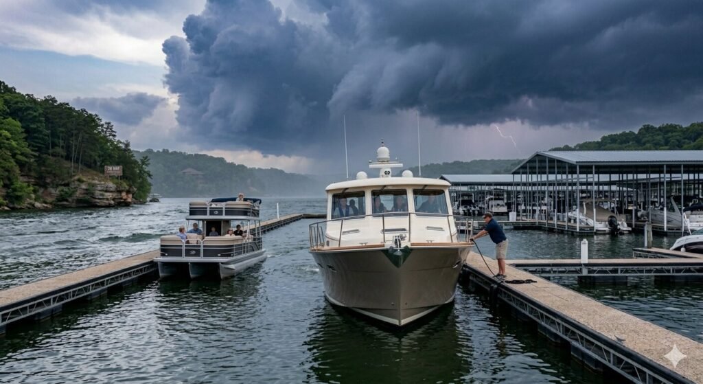 50 foot charter yacht arriving safely at Lake of the Ozarks marina before storm conditions develop on the water