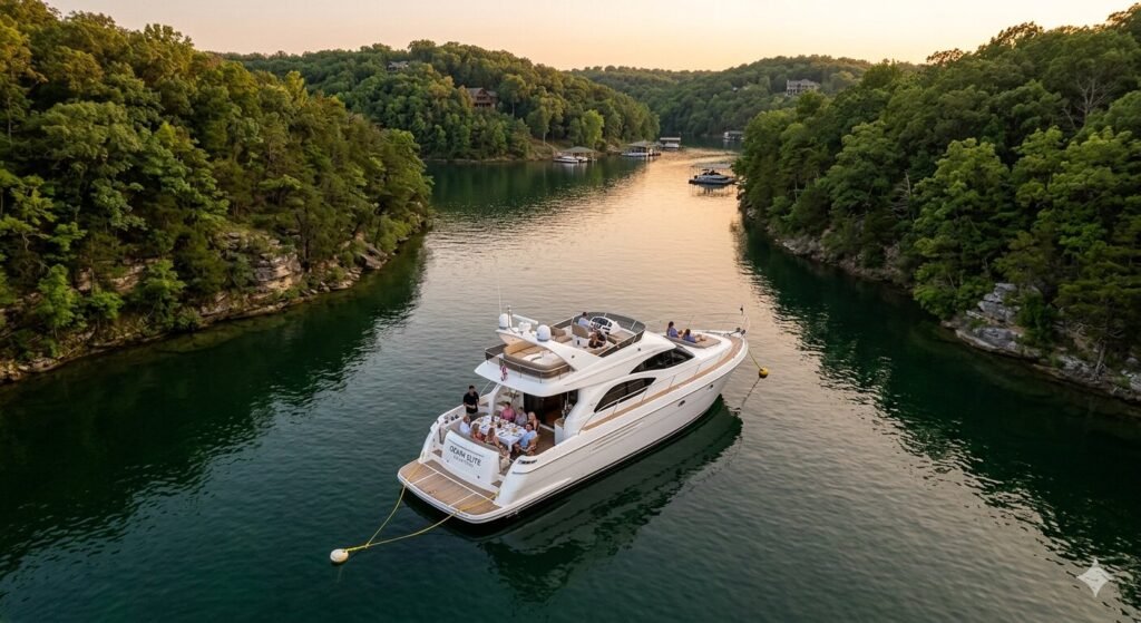 50-foot luxury yacht anchored in a deep cove at Lake of the Ozarks for a private charter
