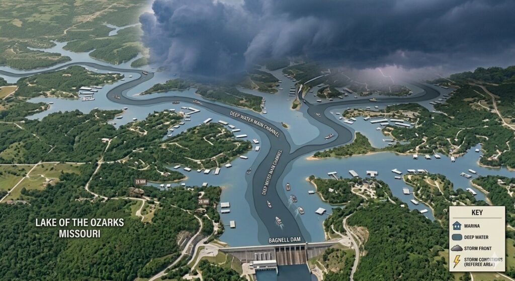 Aerial overview map showing the deep water main channel running through Lake of the Ozarks from Bagnell Dam northward