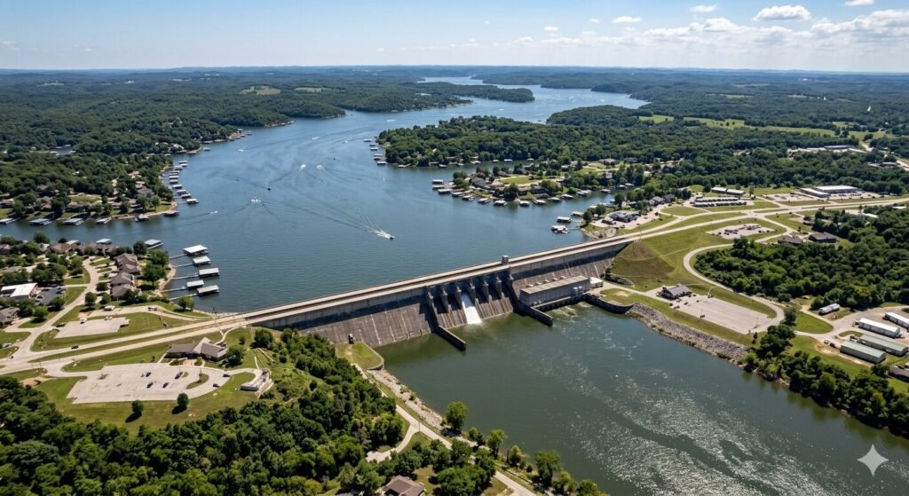 Aerial view of Bagnell Dam and Lake of the Ozarks main channel on a sunny summer day
