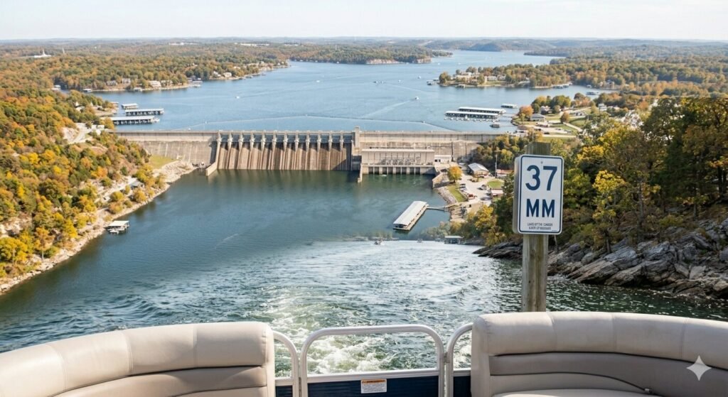 Aerial view of Bagnell Dam at Mile Marker Zero at the lower end of Lake of the Ozarks Missouri