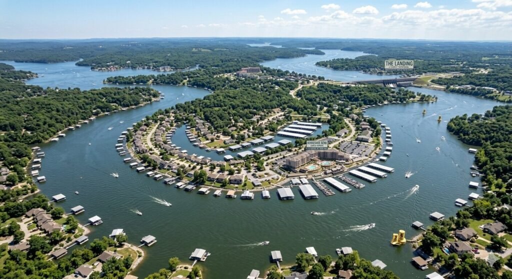 Aerial view of Horseshoe Bend peninsula on Lake of the Ozarks on a sunny summer day