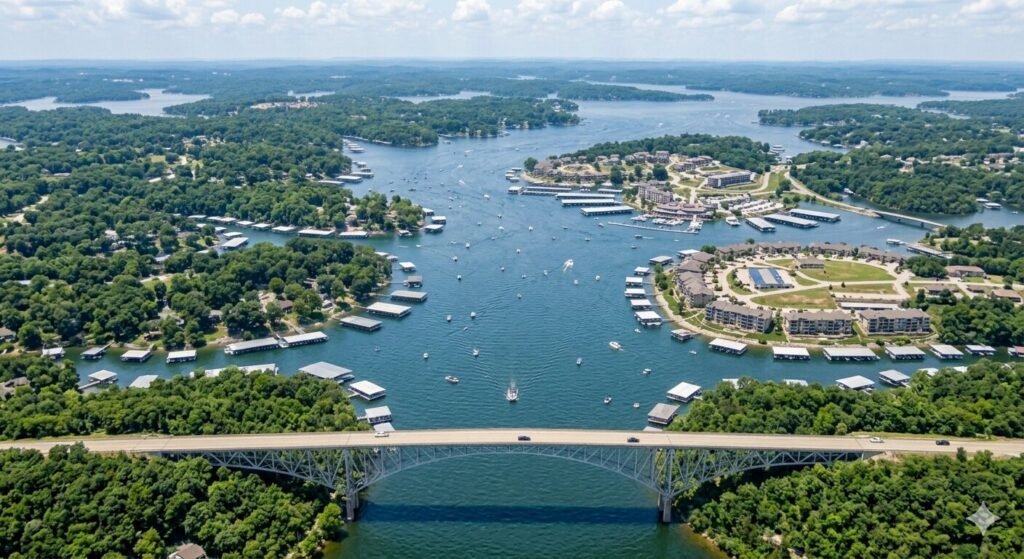 Aerial view of Lake of the Ozarks showing the main channel and branching arms from above