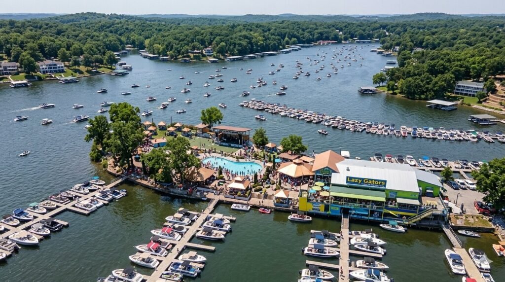 Aerial view of Lazy Gators waterfront bar Lake of the Ozarks boats docked summer weekend