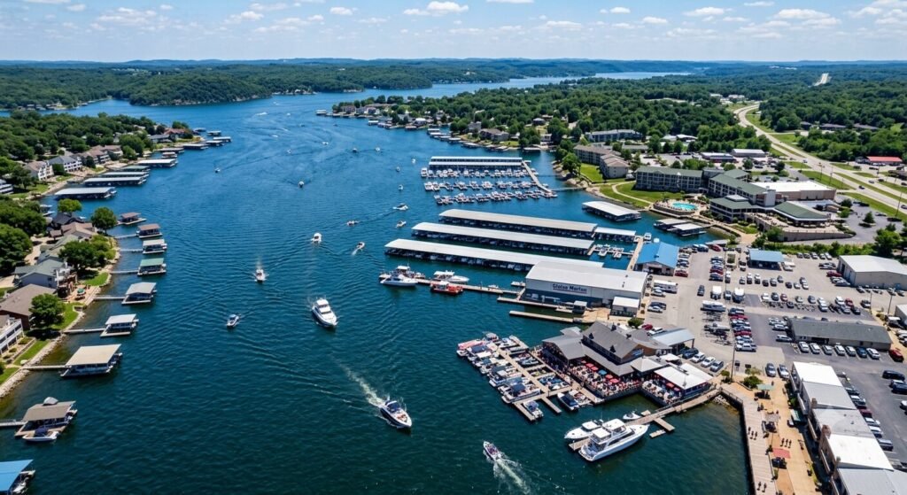 Aerial view of Osage Beach commercial docks and marina facilities along Lake of the Ozarks shoreline