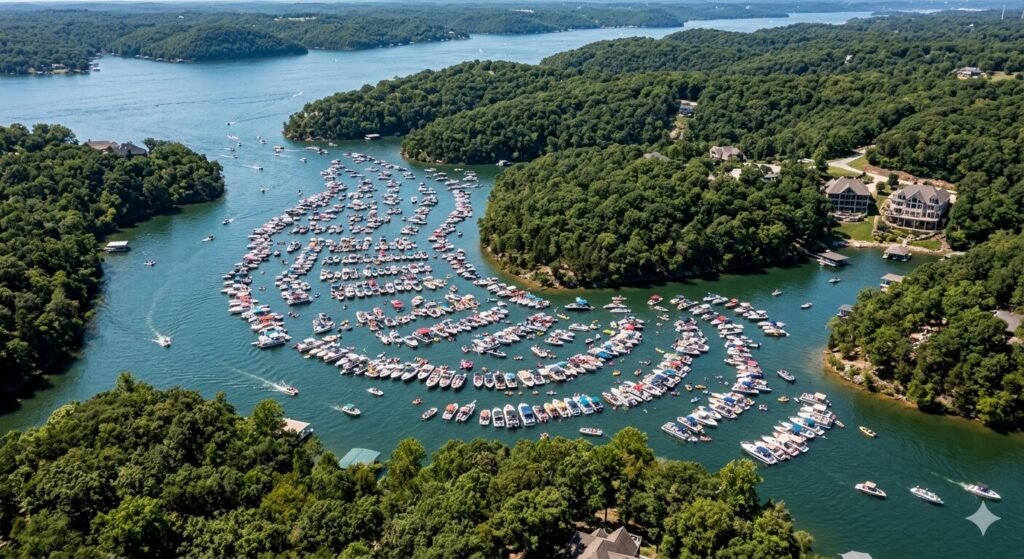 Aerial view of Party Cove Lake of the Ozarks with anchored charter boats