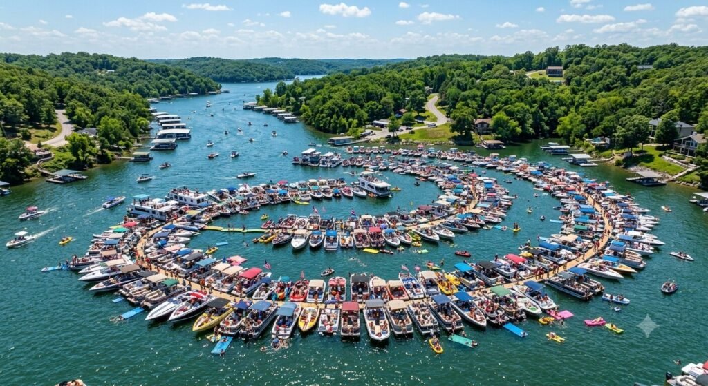 Aerial view of Party Cove Lake of the Ozarks with boats anchored and bachelorette groups celebrating on summer weekend