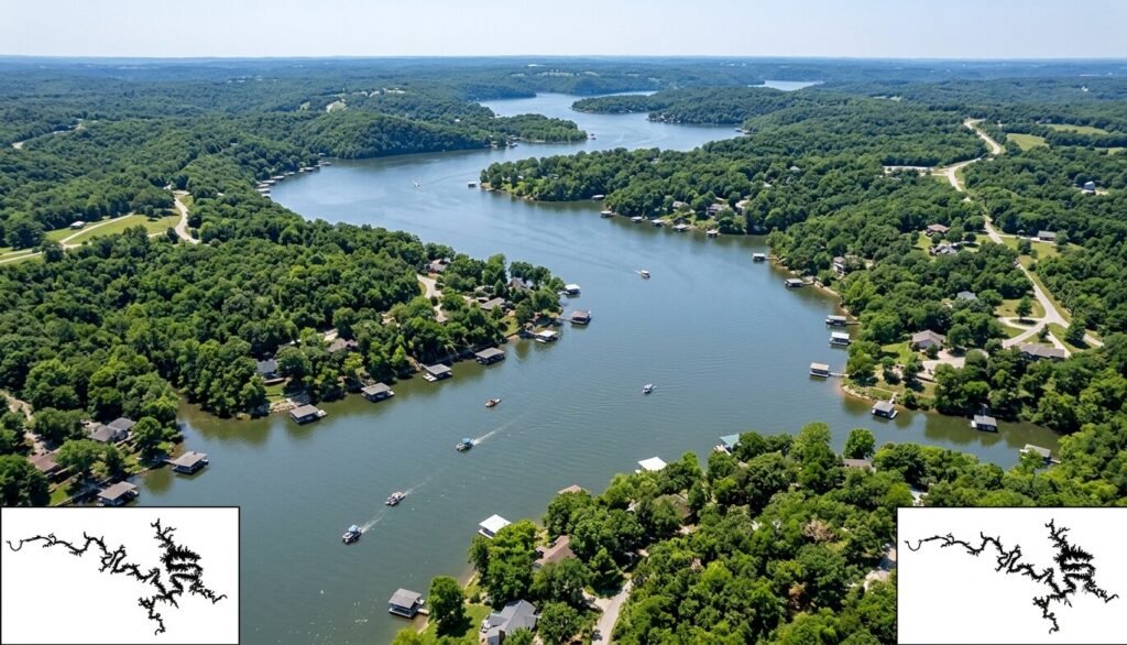 Aerial view of Upper Osage Arm quiet water at Lake of the Ozarks summer weekend