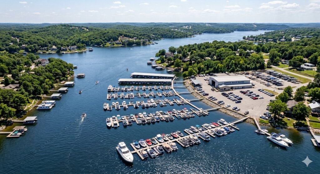 Aerial view of a marina near Sunrise Beach on Lake of the Ozarks with slips and docked boats