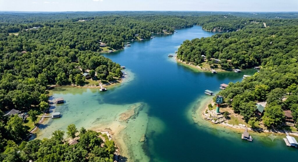 Aerial view of a quiet arm at Lake of the Ozarks showing shallow light water near shoreline and deeper water in center