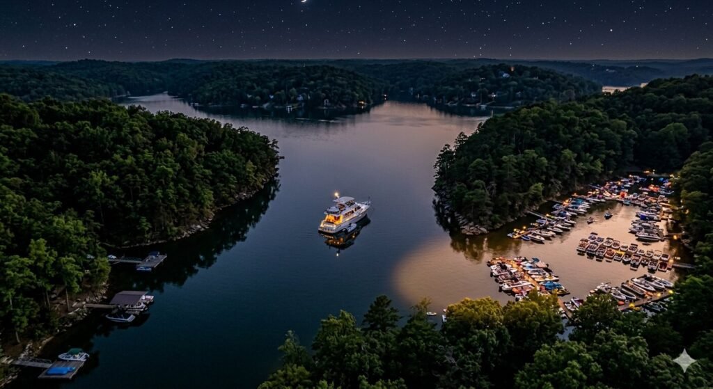 Aerial view of a yacht anchored in a cove near Party Cove Lake of the Ozarks