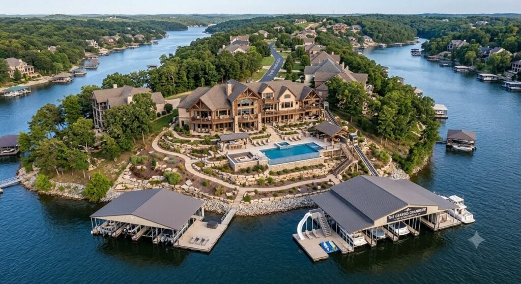 Aerial view of lakefront vacation rental with covered boat dock on Gravois Arm at Lake of the Ozarks