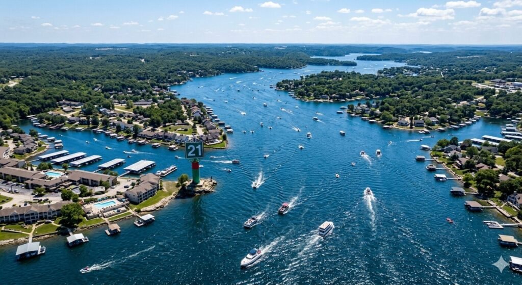 Aerial view of the 21 mile marker area at Lake of the Ozarks with boats navigating open water