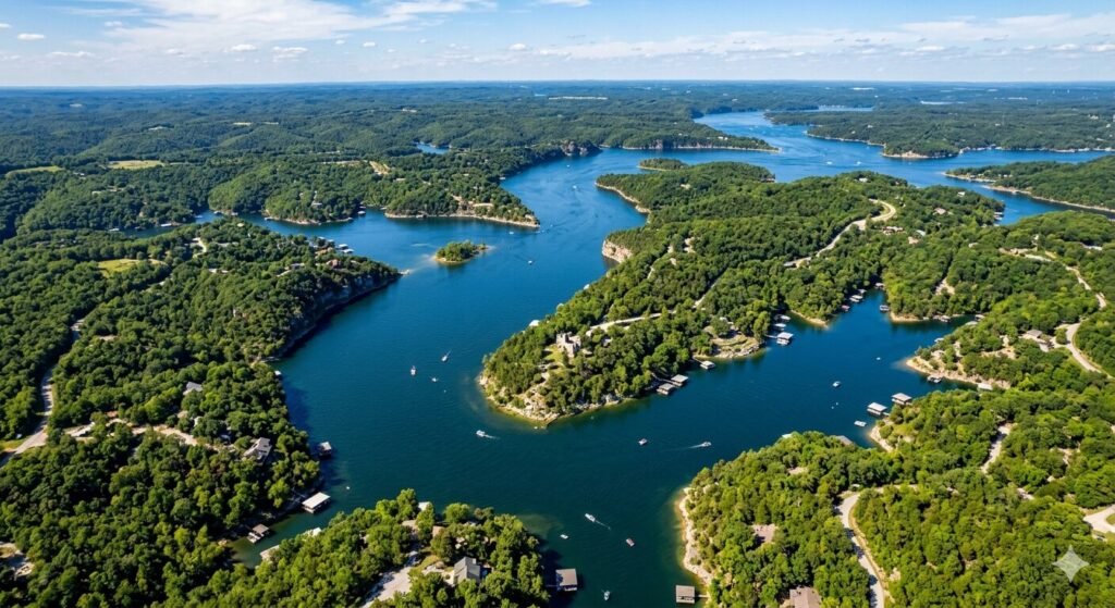 Aerial view of the Big Niangua Arm of Lake of the Ozarks surrounded by wooded Ozark hills