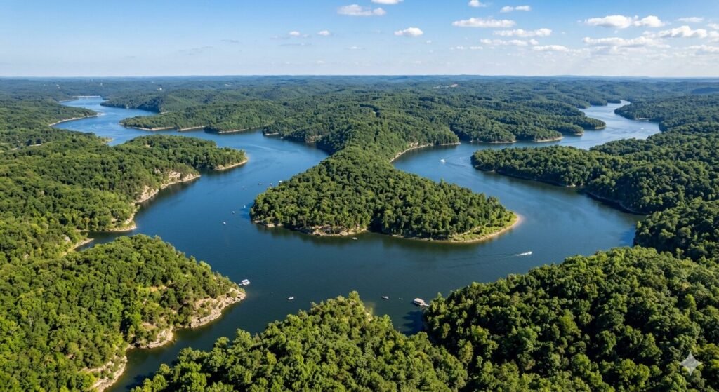 Aerial view of the Upper Osage Arm of Lake of the Ozarks winding through wooded Ozark hills