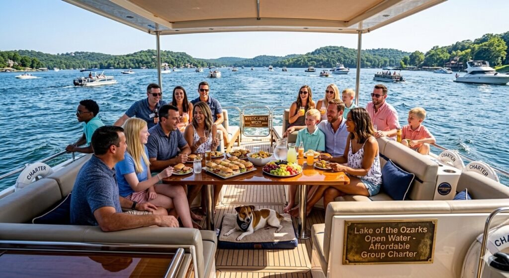 Affordable group yacht charter experience on open blue water at Lake of the Ozarks with full group on board