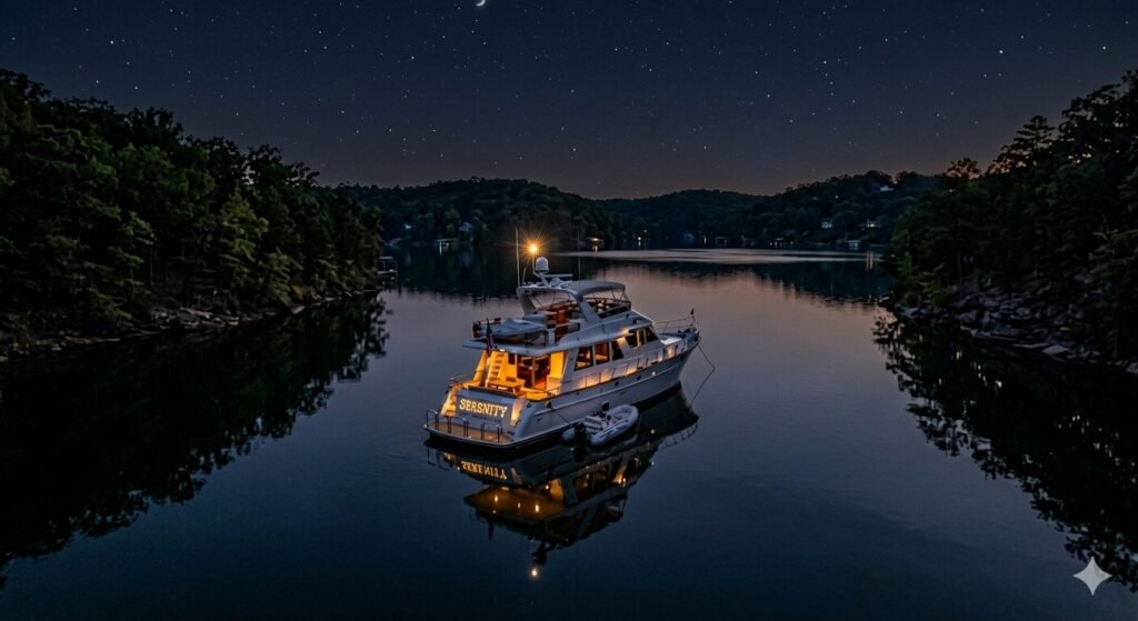 Anchor light glowing on a luxury yacht docked on Lake Ozark at night