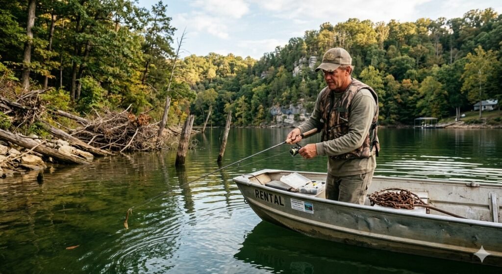 Angler fishing for bass in the Big Niangua Arm of Lake of the Ozarks from a rental boat