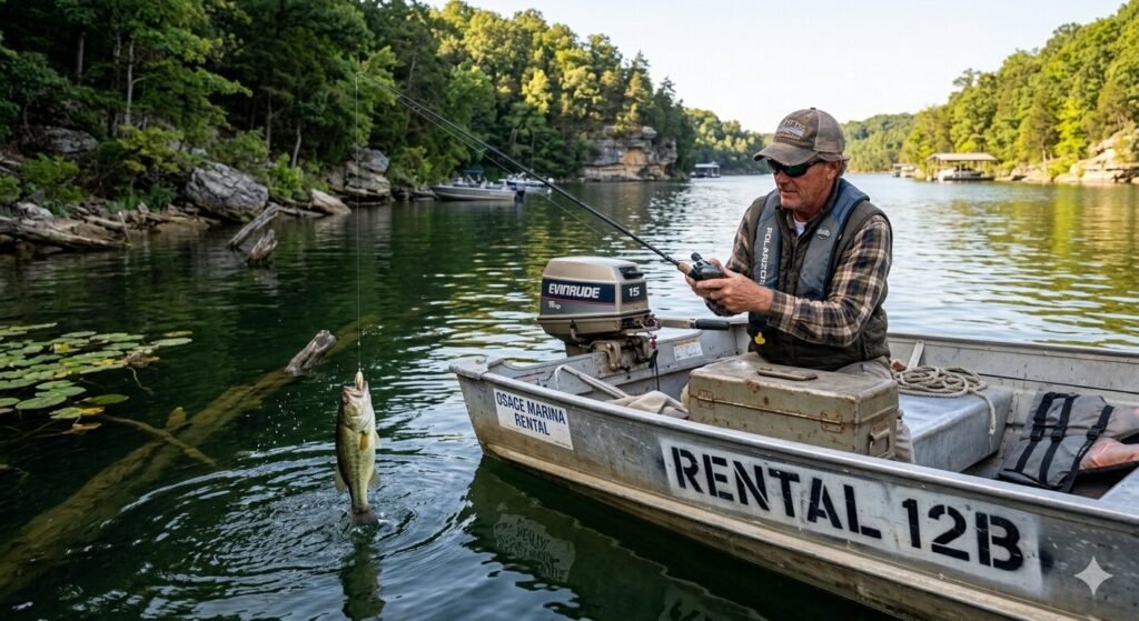 Angler fishing for largemouth bass from a rental boat on the Upper Osage Arm