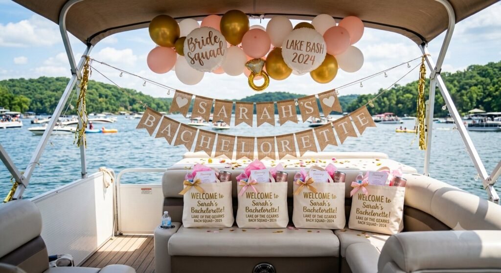 Bachelorette boat decorations with custom banner and welcome totes on a tritoon charter at Lake of the Ozarks