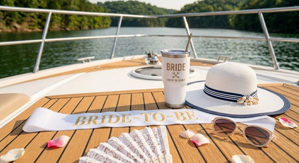 Bachelorette bride accessories including white sash custom tumbler and sun hat on charter boat deck at Lake of the Ozarks