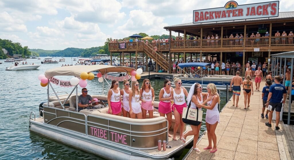Bachelorette group arriving by boat at Backwater Jacks lakefront bar at Lake of the Ozarks
