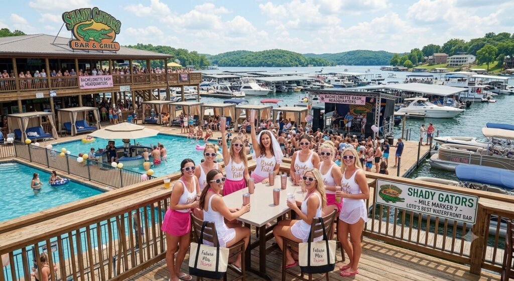 Bachelorette group celebrating at Shady Gators waterfront bar at Lake of the Ozarks Missouri