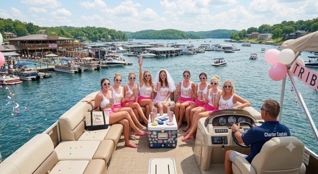 Bachelorette group enjoying a luxury tritoon charter on Lake of the Ozarks Missouri on a sunny summer day