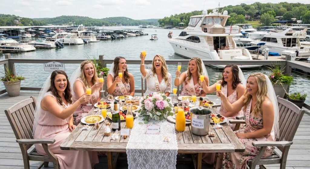 Bachelorette group enjoying mimosas with lake view before charter