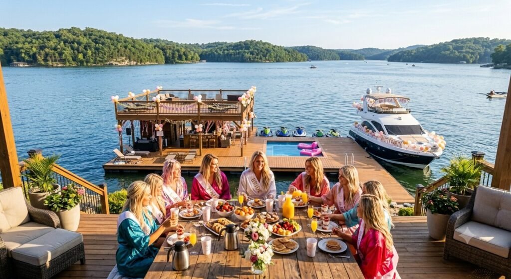 Bachelorette group having breakfast on the outdoor deck of a lake house overlooking their private dock and the open water of Lake of the Ozarks on a summer morning.