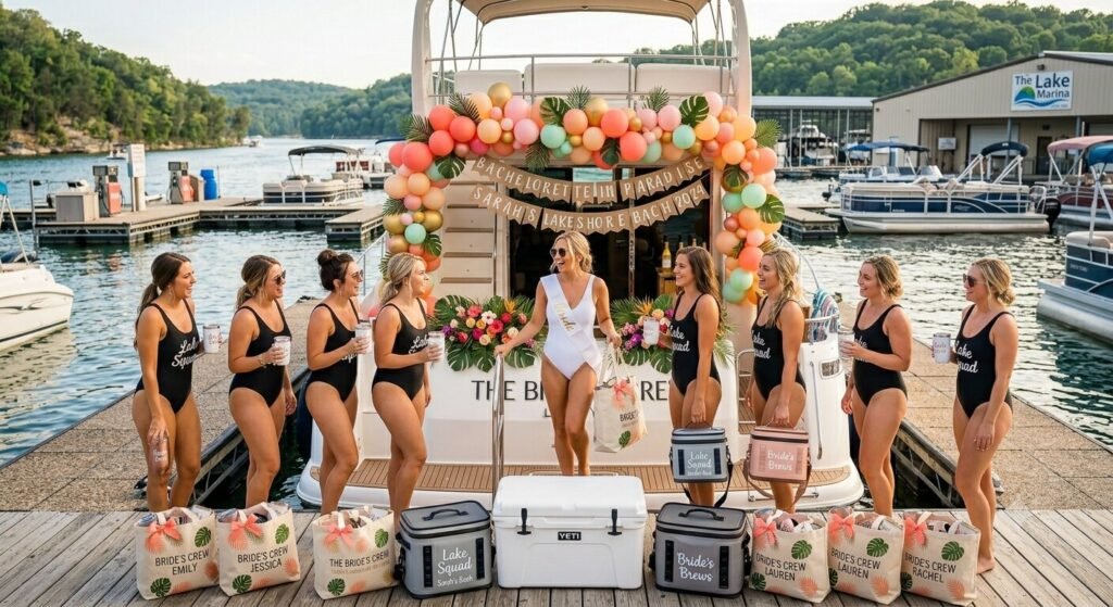 Bachelorette group in coordinated swimwear boarding decorated charter yacht at Lake of the Ozarks with tote bags and coolers