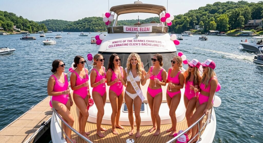 Bachelorette group in matching hot pink swimsuits with bride in white bikini on charter yacht deck at Lake of the Ozarks