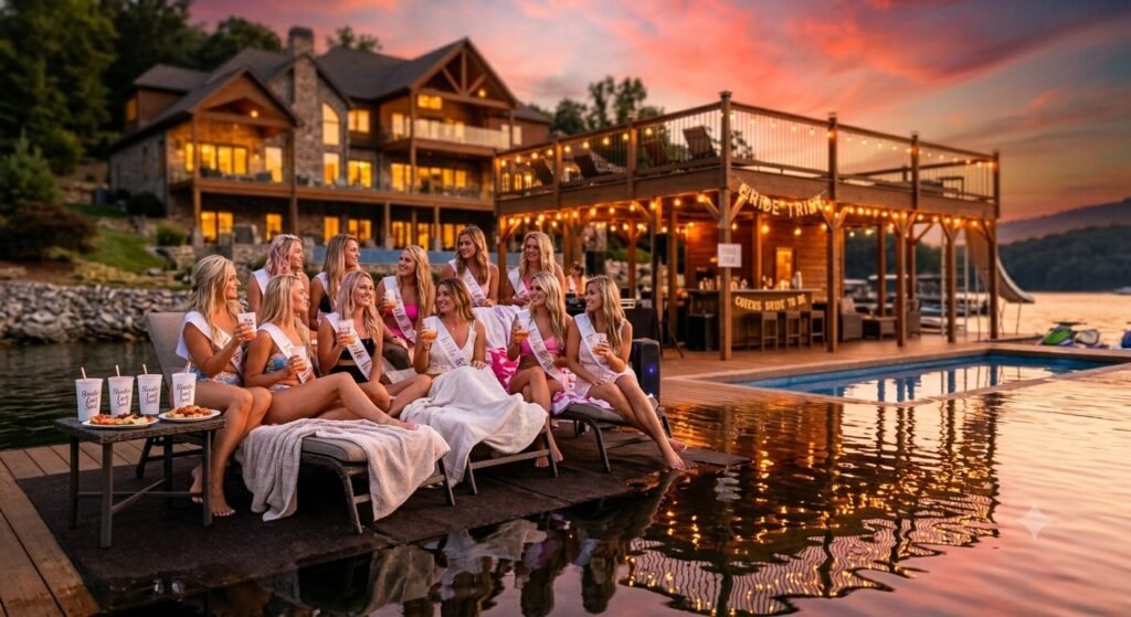 Bachelorette group on private dock at Lake of the Ozarks lake house at sunset with string lights and drinks