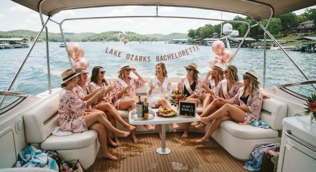 Bachelorette group relaxing on boat deck at Lake of the Ozarks