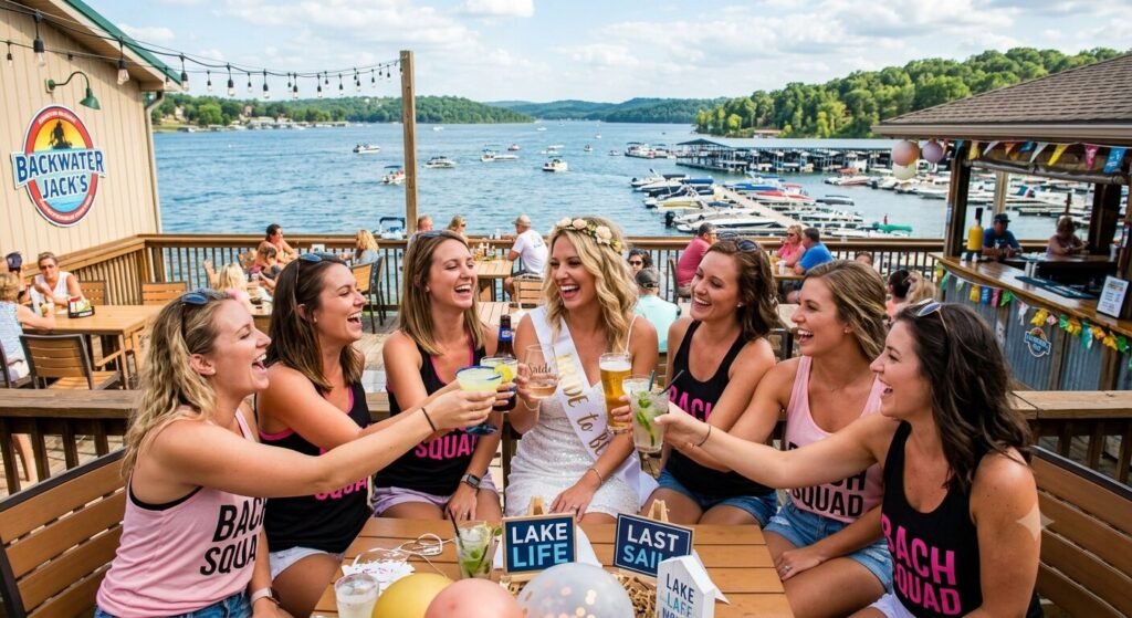Bachelorette group toasting drinks at Backwater Jacks waterfront bar at Lake of the Ozarks