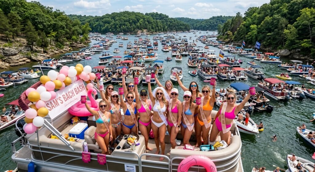 Bachelorette party boat group anchored at Party Cove Lake of the Ozarks with hundreds of boats in the background