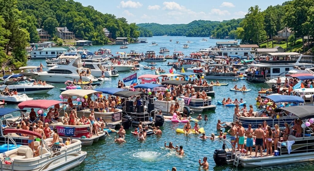 Bachelorette party boats anchored at Party Cove on Lake of the Ozarks Missouri during summer weekend