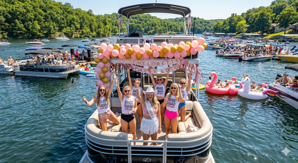 Bachelorette party group celebrating on a decorated pontoon rental at Lake of the Ozarks