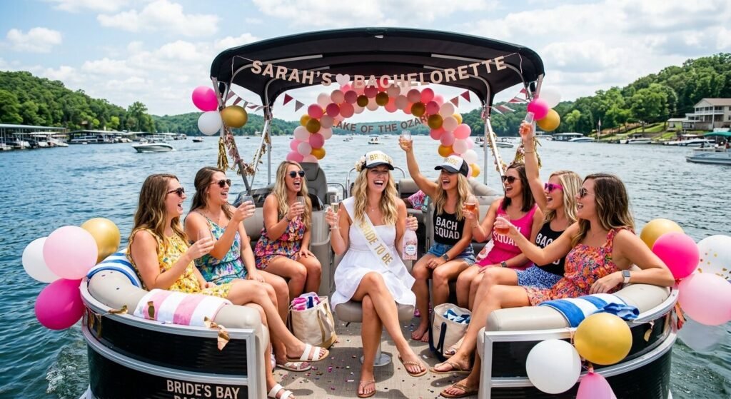 Bachelorette party group celebrating on a decorated tritoon charter boat at Lake of the Ozarks