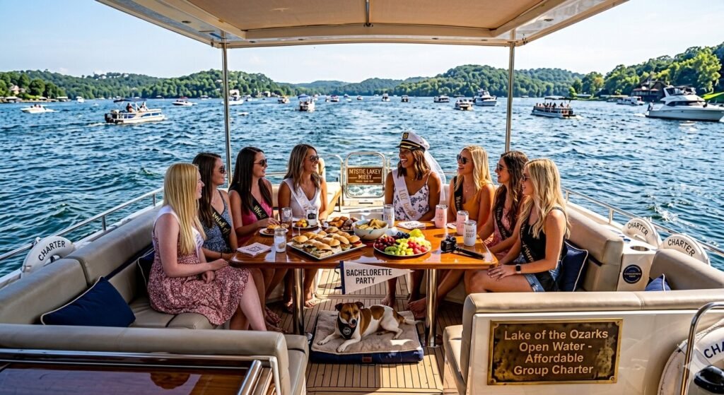 Bachelorette party group enjoying a split cost private yacht charter at Lake of the Ozarks Missourii
