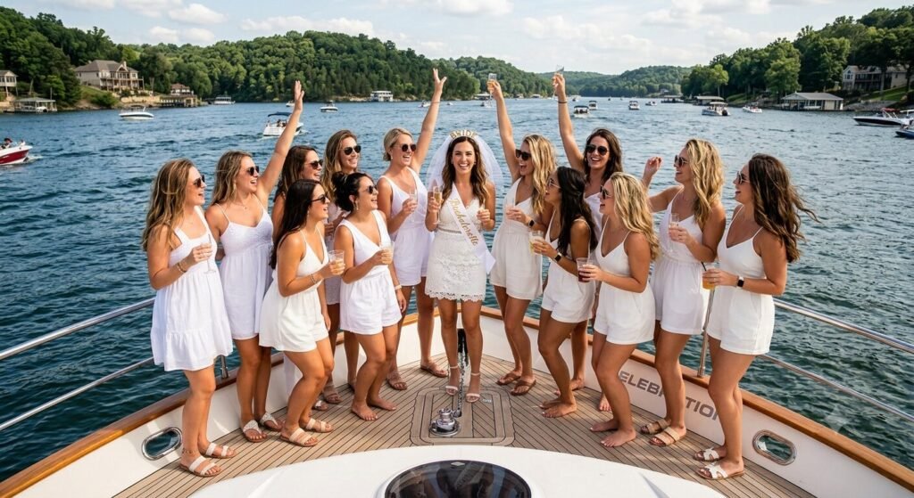 Bachelorette party group in matching all-white outfits on the bow of a luxury yacht at Lake of the Ozarks