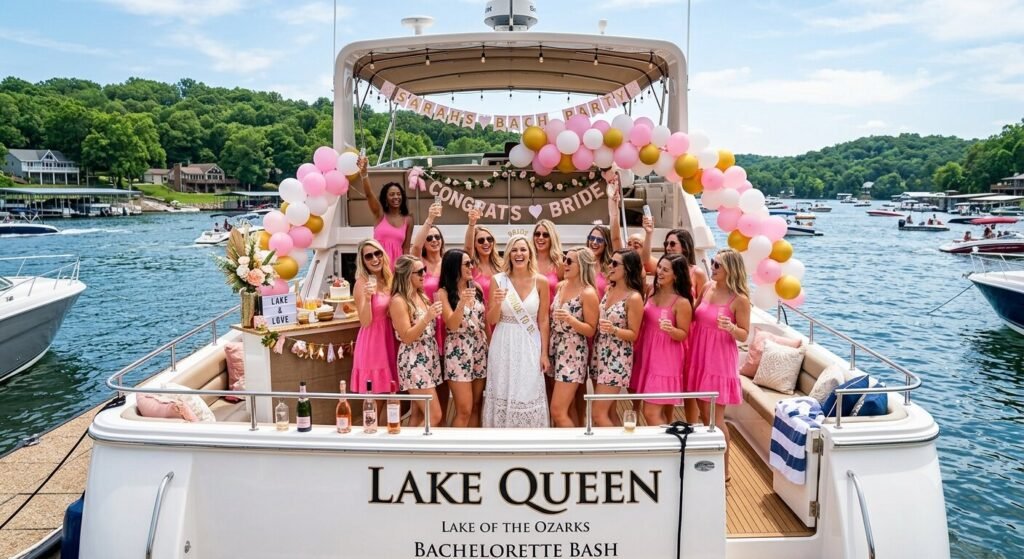 Bachelorette party group on decorated private yacht charter at Lake of the Ozarks with bride in white sash