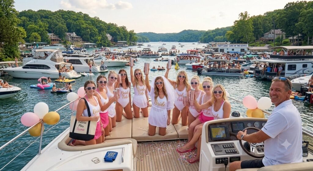Bachelorette party group posing on the bow of a rental yacht at Lake of the Ozarks