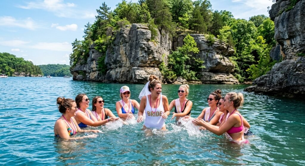 Bachelorette party group swimming in a scenic limestone bluff cove at Lake of the Ozarks
