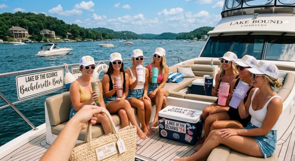 Bachelorette party group wearing matching custom hats and sunglasses on a yacht at Lake of the Ozarks