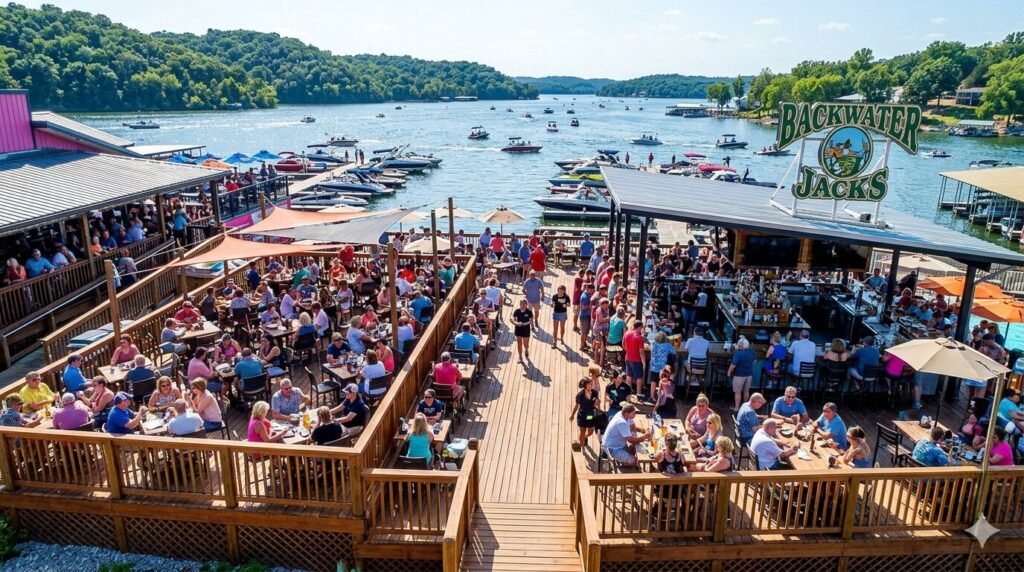 Backwater Jacks outdoor deck guests summer afternoon Lake of the Ozarks