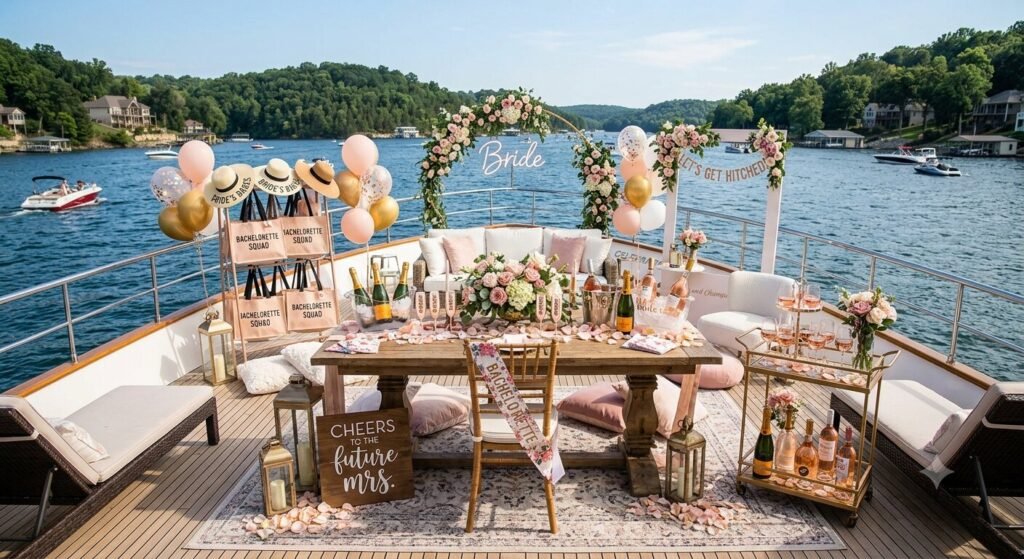 Blush and champagne bachelorette theme decor setup on a yacht deck with rosé and flowers