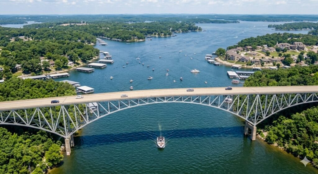 Boat approaching a bridge on Lake of the Ozarks at idle speed for safe passage