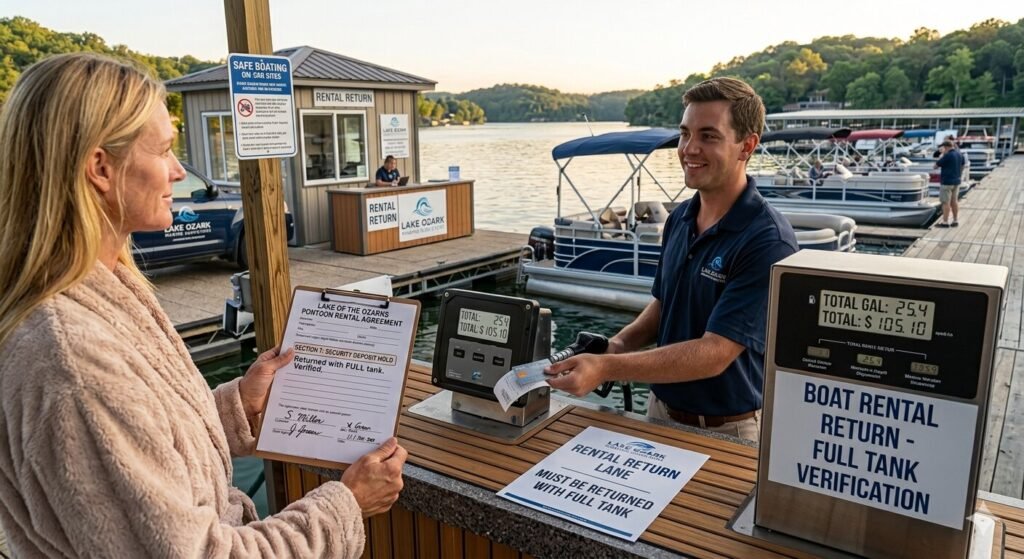 Boat being refueled at a Lake of the Ozarks marina fuel dock before rental return