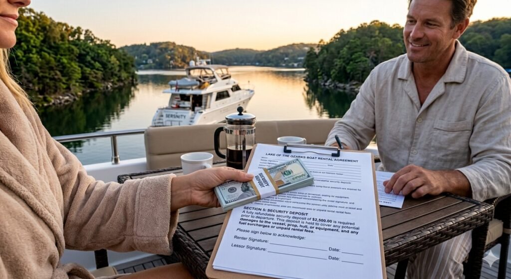 Boat rental agreement and security deposit form at Lake of the Ozarks marina